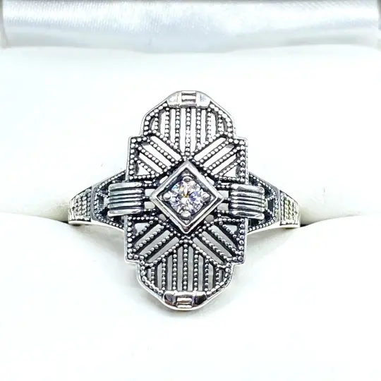 Sparkling White CZ Ring, Size 5 Tuxedo Ring, Geometric Art Deco Jewelry #D589 - Ready to Ship