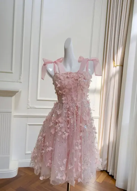 Sweet Pink Sequin Homecoming Dress A-Line Spaghetti Straps Applique Corset Mini Birthday Dress RS686
