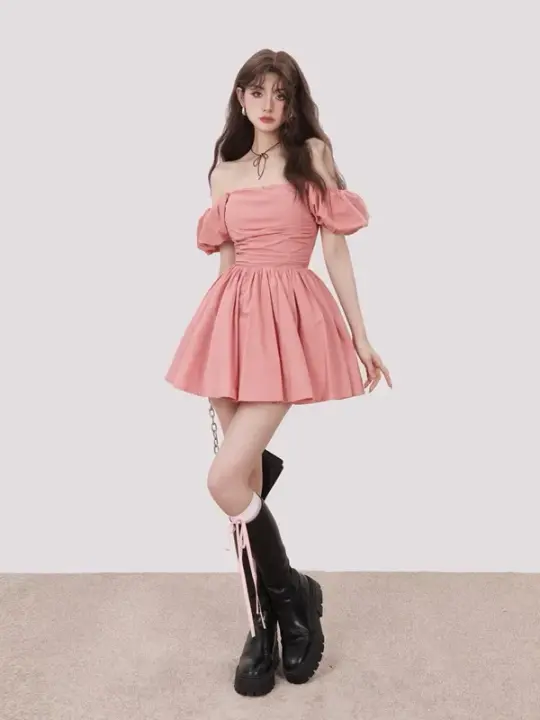 Pink one-shoulder slim waist pleated long skirt homecoming dress R5271