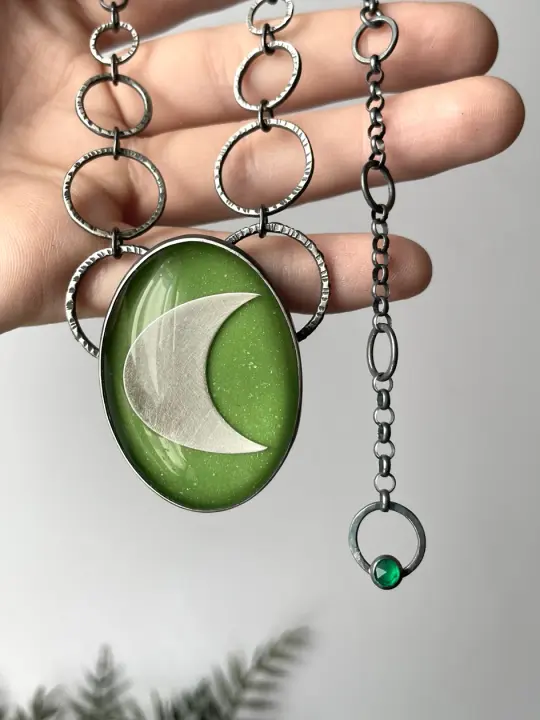 Space-Age Green Glowing Moon Necklace