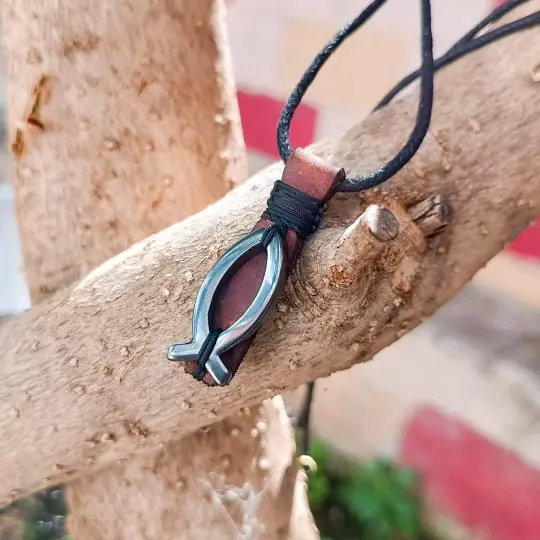 The Silent Current Hematite Fish Leather Pendant Necklace | OOAK