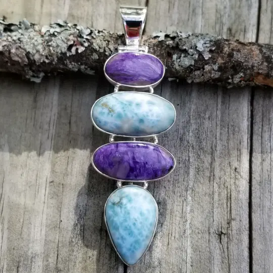 Larimar & Charoite Quad Stone Pendant in Sterling