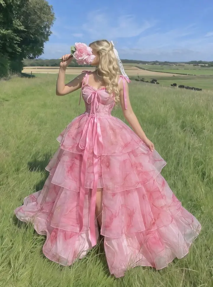 Puffy Tulle Printed Women's Prom Gown Barbie Pink Waist Fitted Maxi Evening Dress Birthday Dress — Fall Outfit 2026 New  RS3341