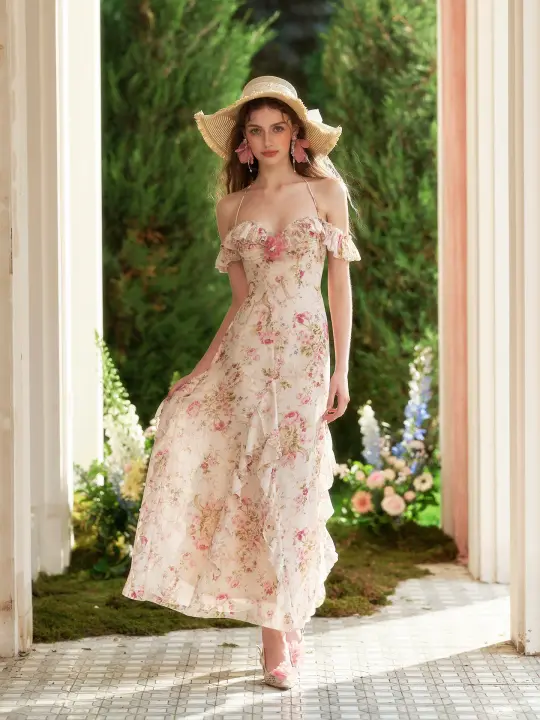 French romantic vacation long dress floral seaside halter dress summer R5108