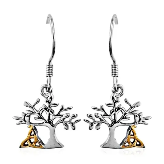 Tree of Life Dangle Earrings in Platinum Over 925 Silver with 14K Detail