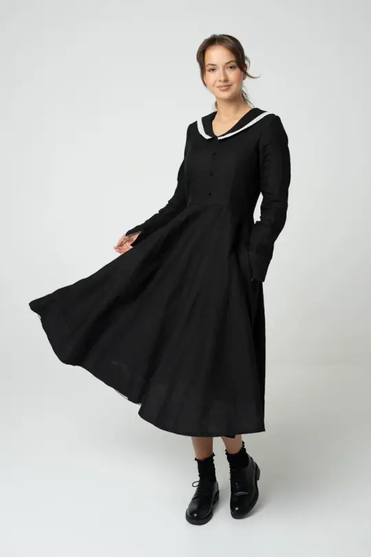 Wander – Long Sleeve Linen Dress with Sailor Collar