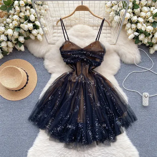 French style sweet little dress with pleated mesh suspenders R2291