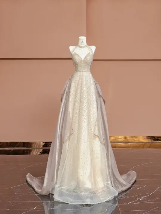 Champagne-colored halter neck, fitted waist, long ball gown/bridal dress R8394