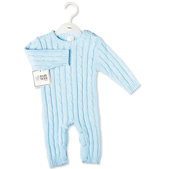 Baby Mode Signature Baby Boys and Baby Girls Long Sleeved Blue Cable Knit Romper, 0-3M