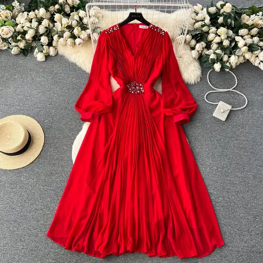 French retro V-neck lantern sleeves diamond dress with slim waist and elegant long skirt R2270