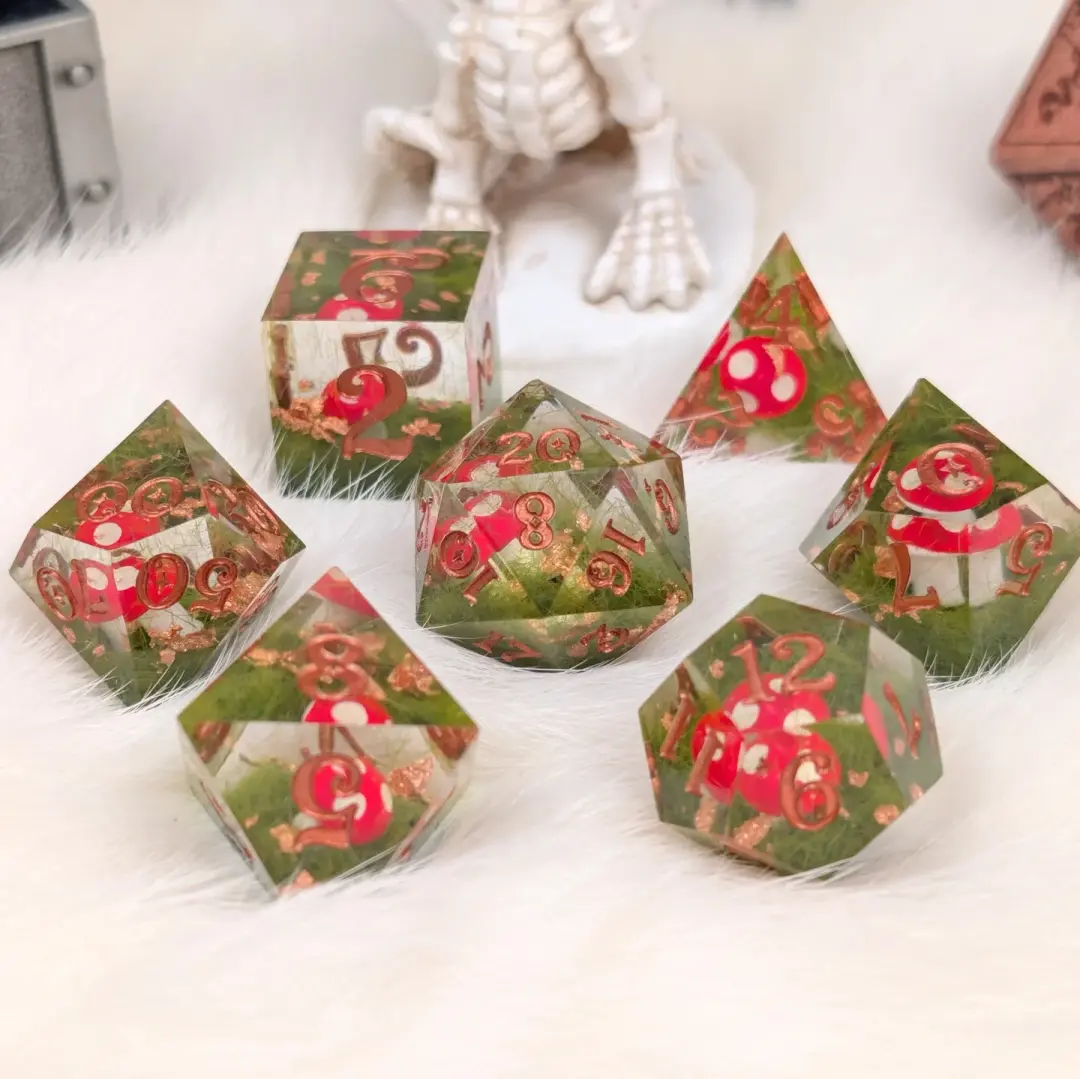 Amanita Mushroom DnD Dice Set – Sharp Edge Resin Dice with Copper Numbers