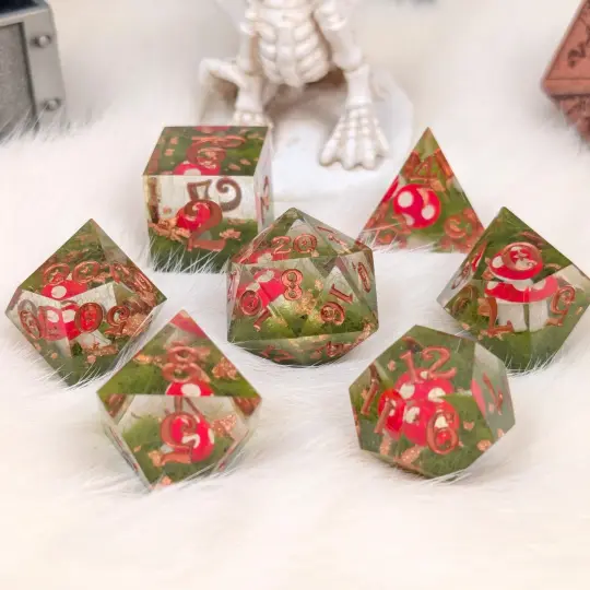 Amanita Mushroom DnD Dice Set – Sharp Edge Resin Dice with Copper Numbers