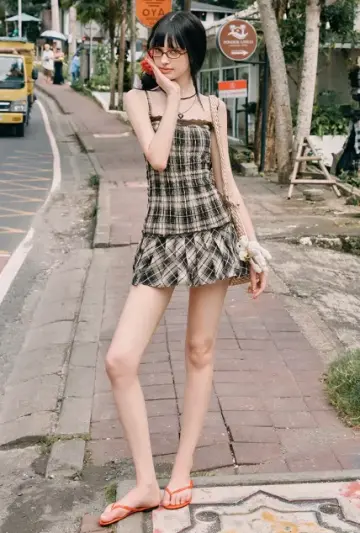 Brown Plaid Cami Mini Dress With Lace Trim And Pleated Skirt R9285