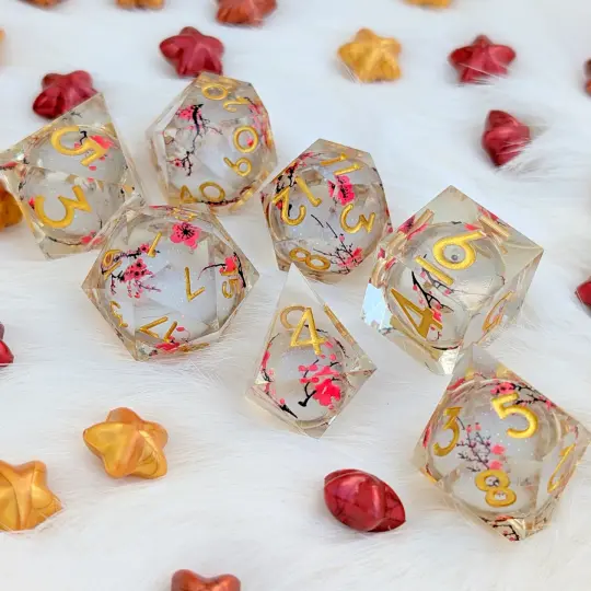 Floral Liquid Core DnD Dice Set - Red Flowers - Crimson Bloom