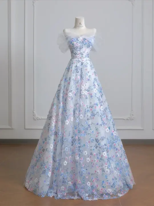 Light blue floral print fitted A-line skirt elegant ball gown, bridal dress R8221