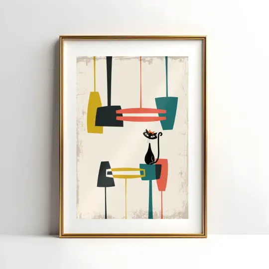 Mid Century Modern Atomic Cat in Pearls Poster