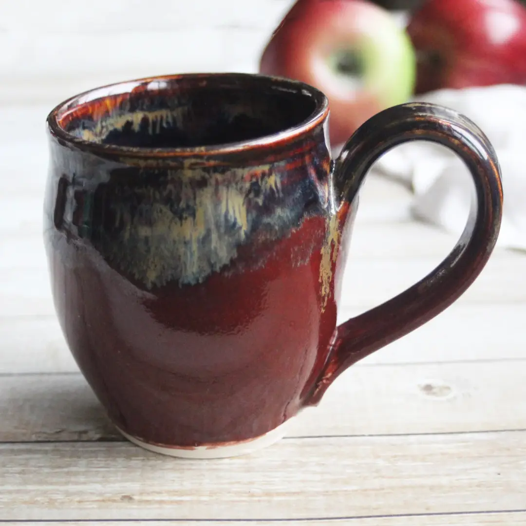 Deep Red and Brown Pottery Mug, 14 Ounce Handcrafted Coffee Cup, Made in USA