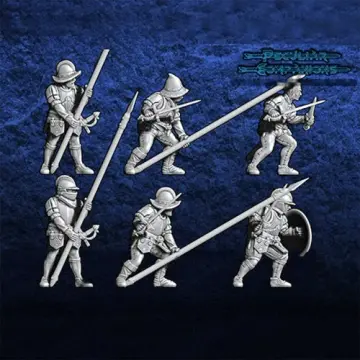 Unpainted 28mm 3D-printed Spanish rodelero light infantry with pikes and bucklers, 5 miniatures — tabletop miniatures for historical wargaming, D&D & Pathfinder