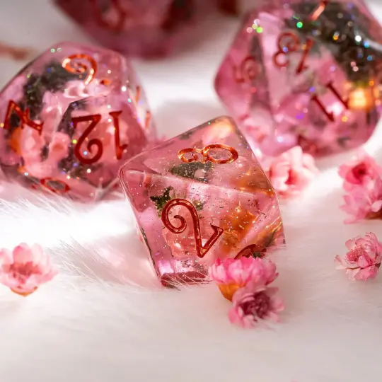 Pink Flowers and Moss DnD Dice Set – 8-Piece with Real Botanicals | Fennek & Finch