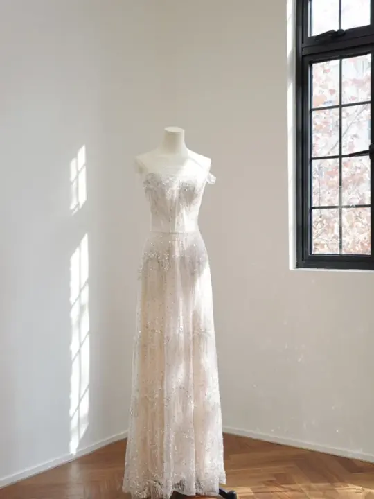 White strapless, fitted, sequined long ball gown/bridal dress R8485