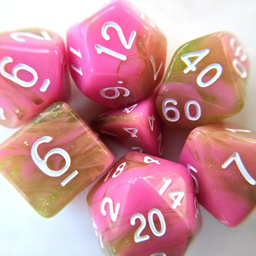 Apple Taffy Dice Set – 7-Piece Pink Green Candy DnD Dice for Bards & Druids