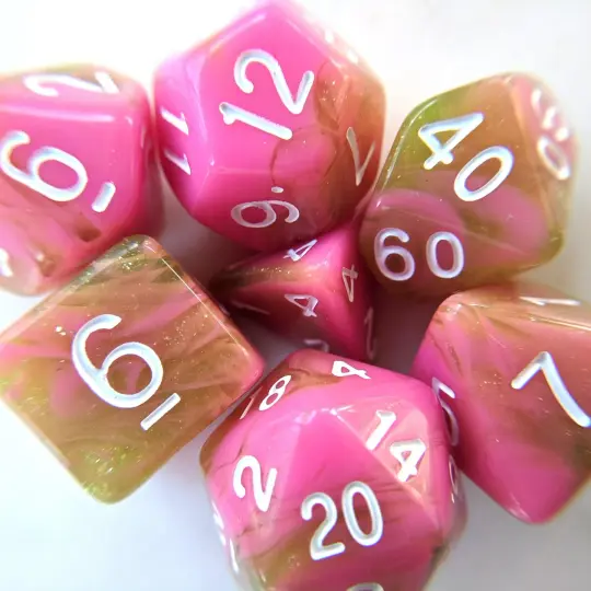 Apple Taffy Dice Set – 7-Piece Pink Green Candy DnD Dice for Bards & Druids