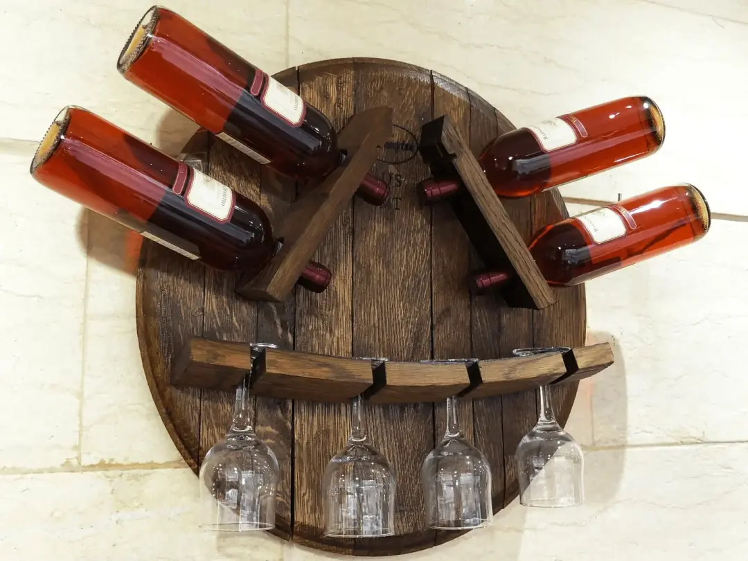Whiskey & Wine Barrel Head Display — Bottle & Glass Holder, Wall Mount