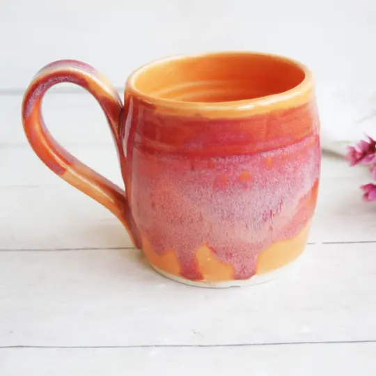Handmade Cheerful Orange Pottery Mug, 12 Ounce, Made in USA