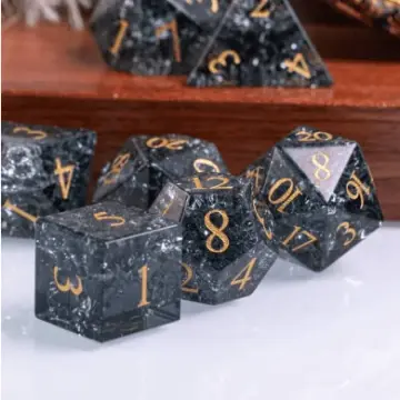 Black Crackled Glass Dice Set – 7-Piece Real Gemstone DnD Dice