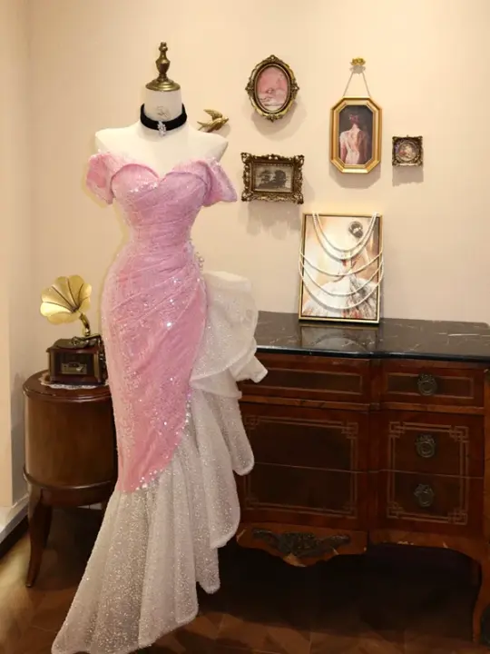 Pink off-the-shoulder fitted waist slim-fitting ruffled skirt wedding dress R6586