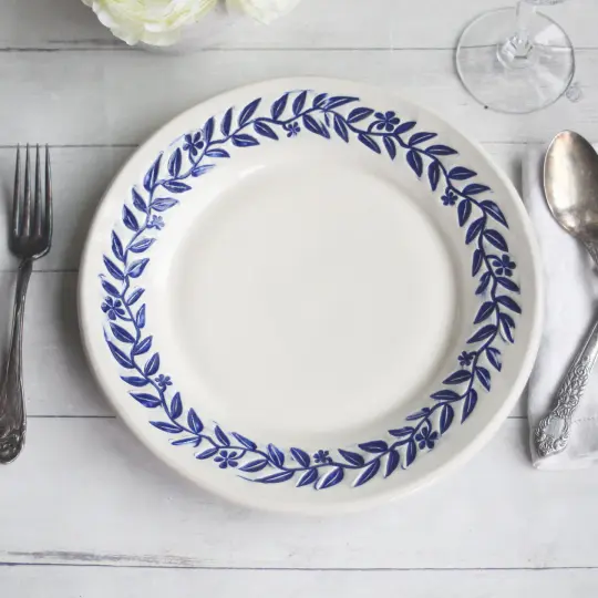 Set of Four Blue and White Handmade Dinner Plates, Made in USA