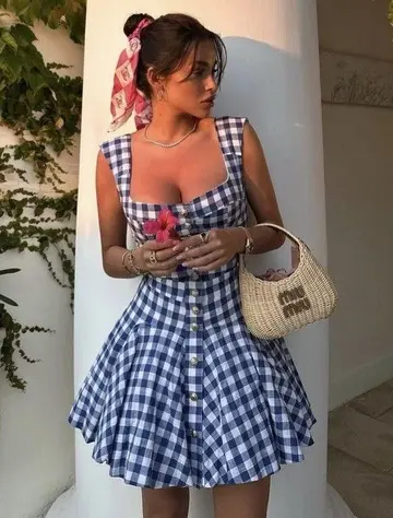 Blue and white plaid suspenders waist slimming A-line flower bud skirt short skirt homecoming dress R3897