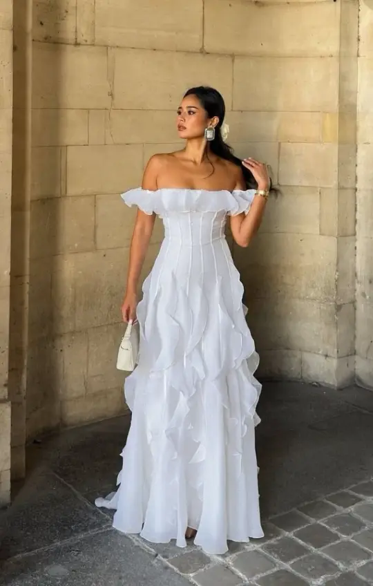 Flowy PLeated Prom Gown White Women's Corset Maxi Evening Dress Birthday Dress RS2913