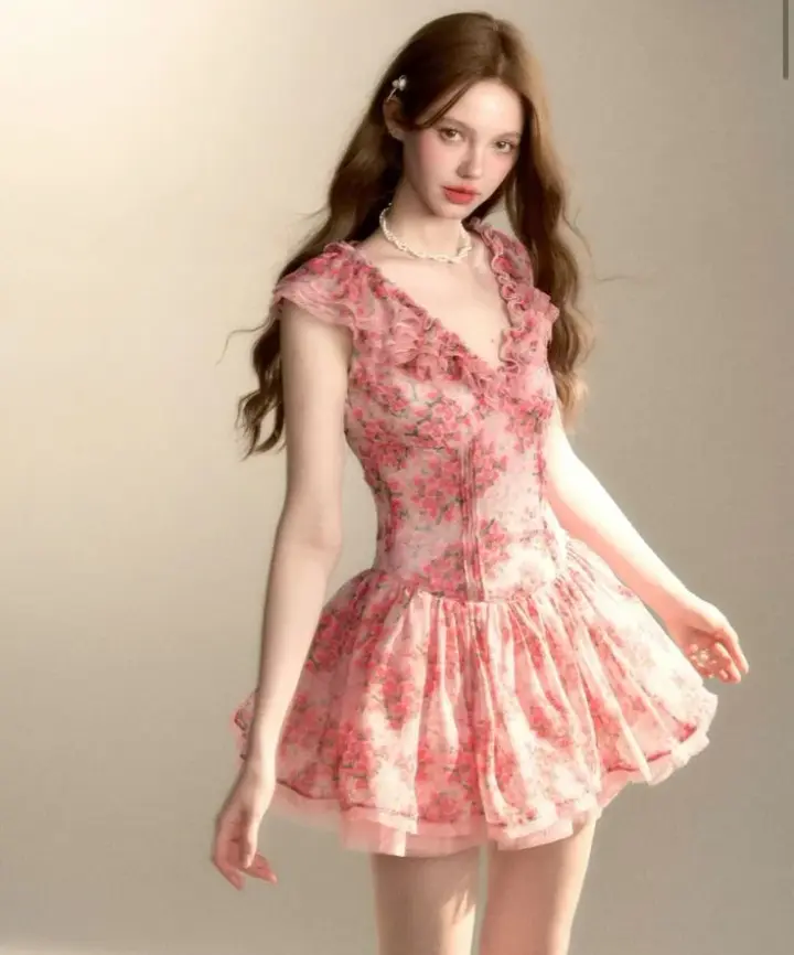 Pink and tender floral V-neck slim waist A-line short skirt homecoming dress R3294