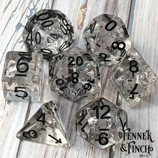 Argentum Dice Set – 7-Piece Clear Resin Silver Foil DnD Dice