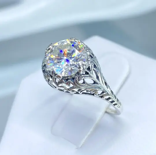 Moissanite Ring, Size 7, Coffee Swirl Filigree Victorian Jewelry #D198 - Ready to Ship