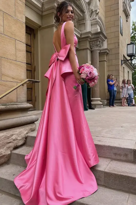 Elegant Barbie Pink A-Line Spaghetti Straps Satin Maxi Prom Dress RS599