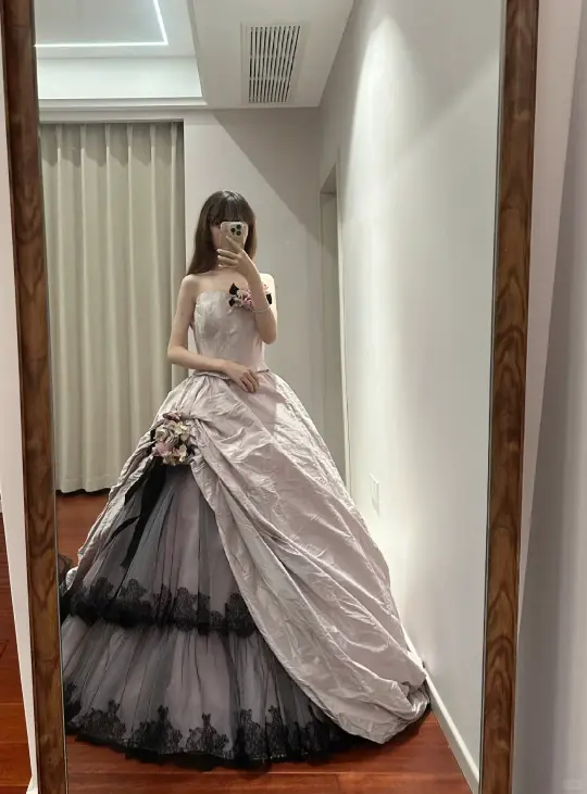 Light pink strapless, fitted waist, full skirt, long ball gown R8837