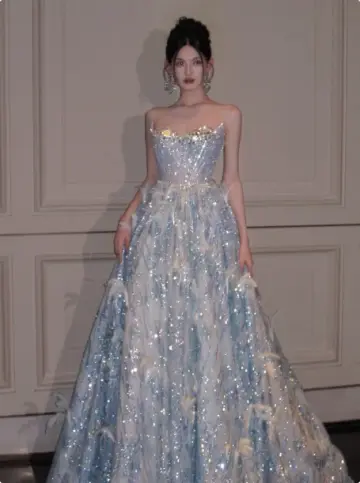 French Chic Pale Blue Sequin A-Line Strapless Corset Maxi Prom Dress Evening Dress RS411