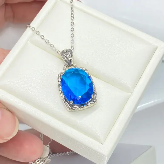 Swiss Blue Topaz Pendant, Art Nouveau Necklace #P120 - Ready to Ship