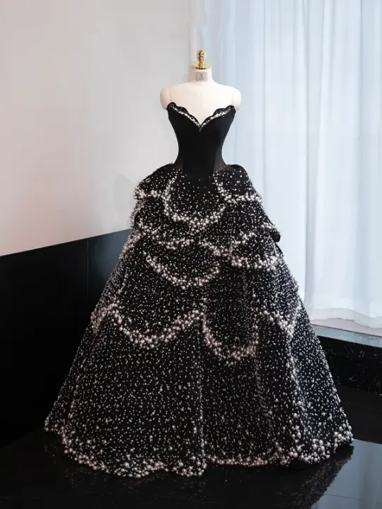 Black strapless, fitted waist, full skirt, long ball gown R8970