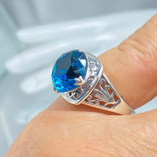 London Blue Topaz Ring, Size 8, Round Cut, Lotus Art Deco Filigree, D130 - Ready to Ship