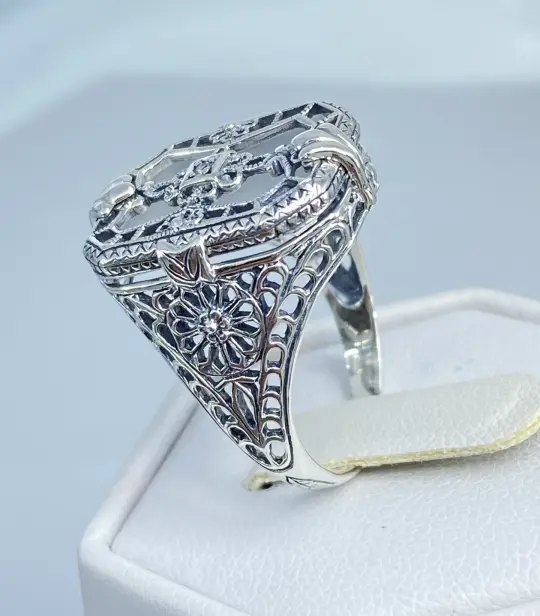 Frosted Camphor Glass Ring, Size 8, Frosted White Camphor Glass & CZ Inset Gem, Art Deco Jewelry #D203 - Ready to Ship