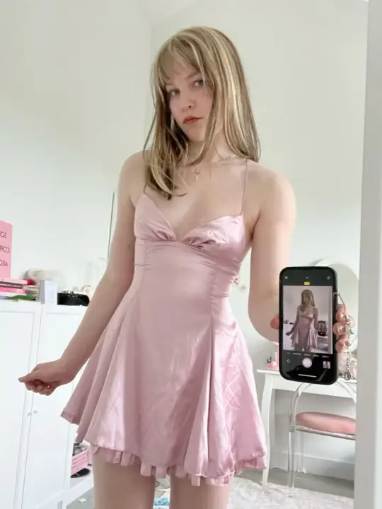 Pink satin suspenders waist slim short skirt homecoming dress R3058
