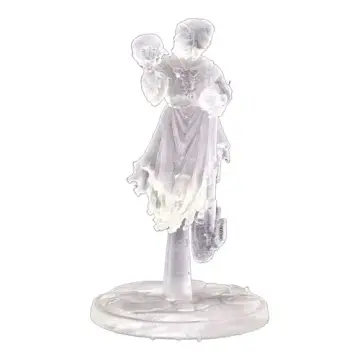 Unpainted 28mm 3D-printed old ghost gravedigger miniature leaning on a spade and holding up a skull in clear resin, tabletop RPG miniature for D&D, Pathfinder & wargaming