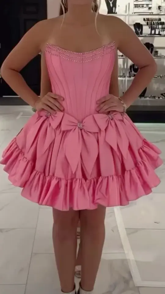 Vibrant Barbie Pink A-Line Strapless Bow and Beaded Ruffled Mini Dress Homecoming Dress RS159