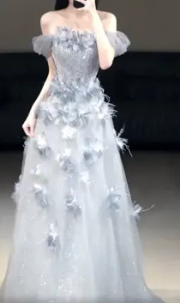 Dreamy Pale Blue Prom Gown , Glitter Tulle 3D Floral Maxi Evening Dress RS1360