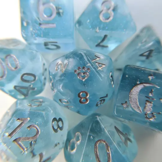 Glacial Ice 8 Piece Dice Set – Light Blue Pearly White Clouds Silver Cat Wizard