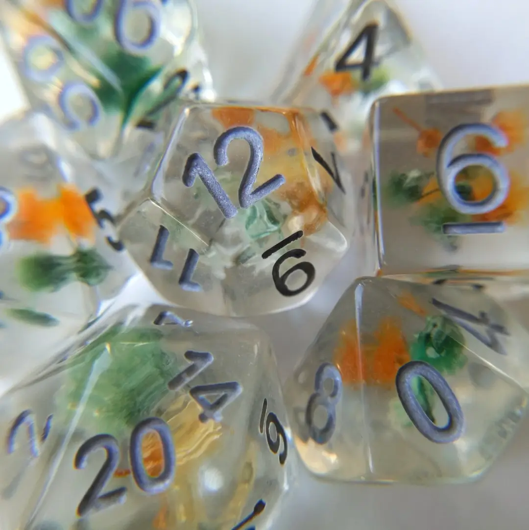 Green Orange Flower Dice Set – 7-Piece Floral Resin DnD Dice