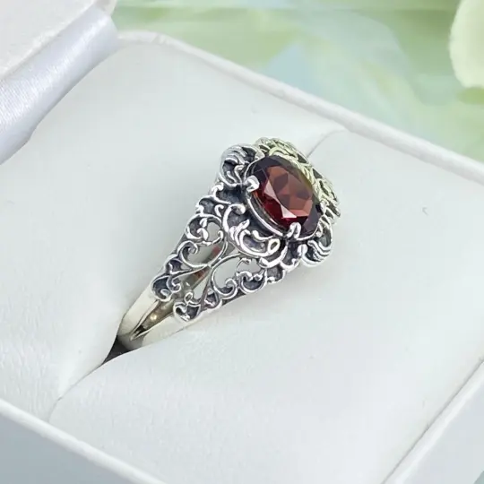 Natural Garnet Ring, Size 9.75, Sterling Silver Art Nouveau Jewelry #D14 - Ready to Ship